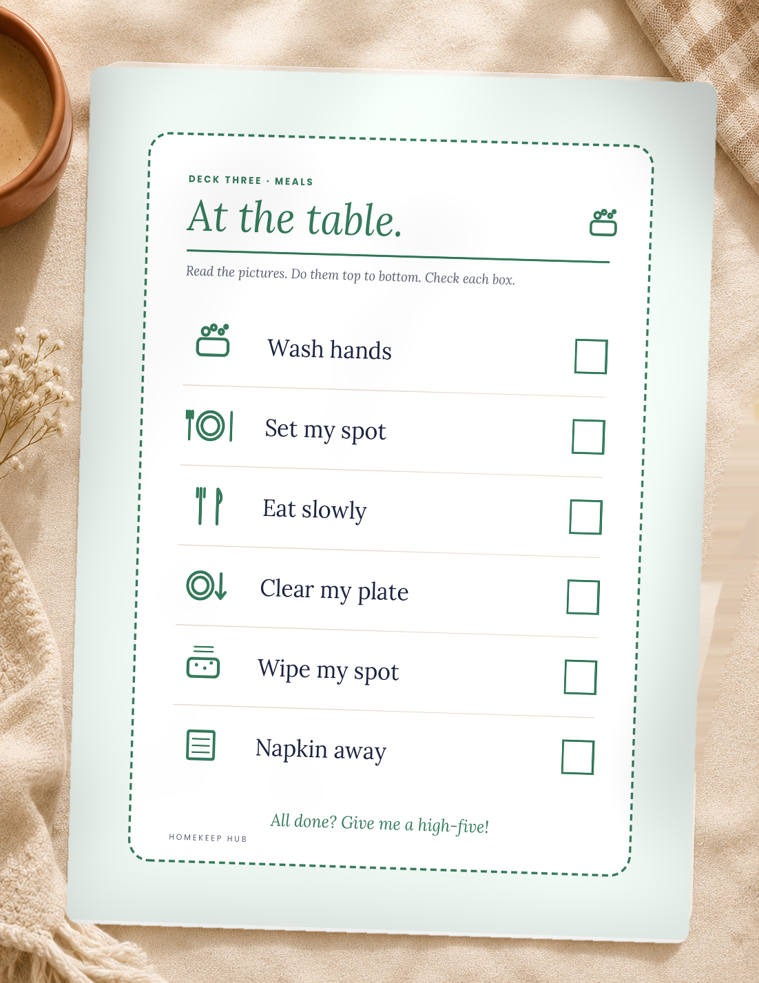 Kid Routine Cards — printable mealtime routine chart included in the bundle.