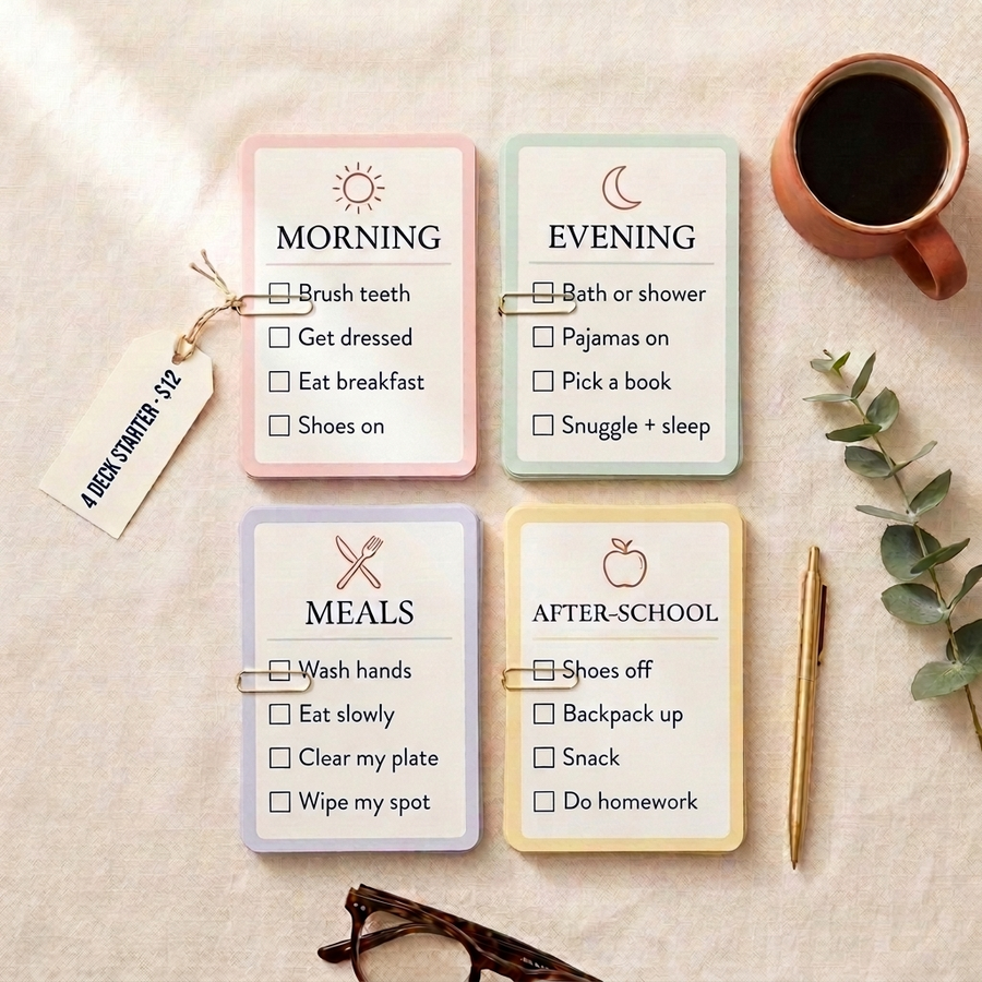 Kid Routine Cards — Morning, Evening, Meals and After-School printable routine charts laid out on linen.