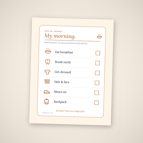 My morning routine chart — printable PDF page with breakfast, teeth, getting dressed and shoes on.