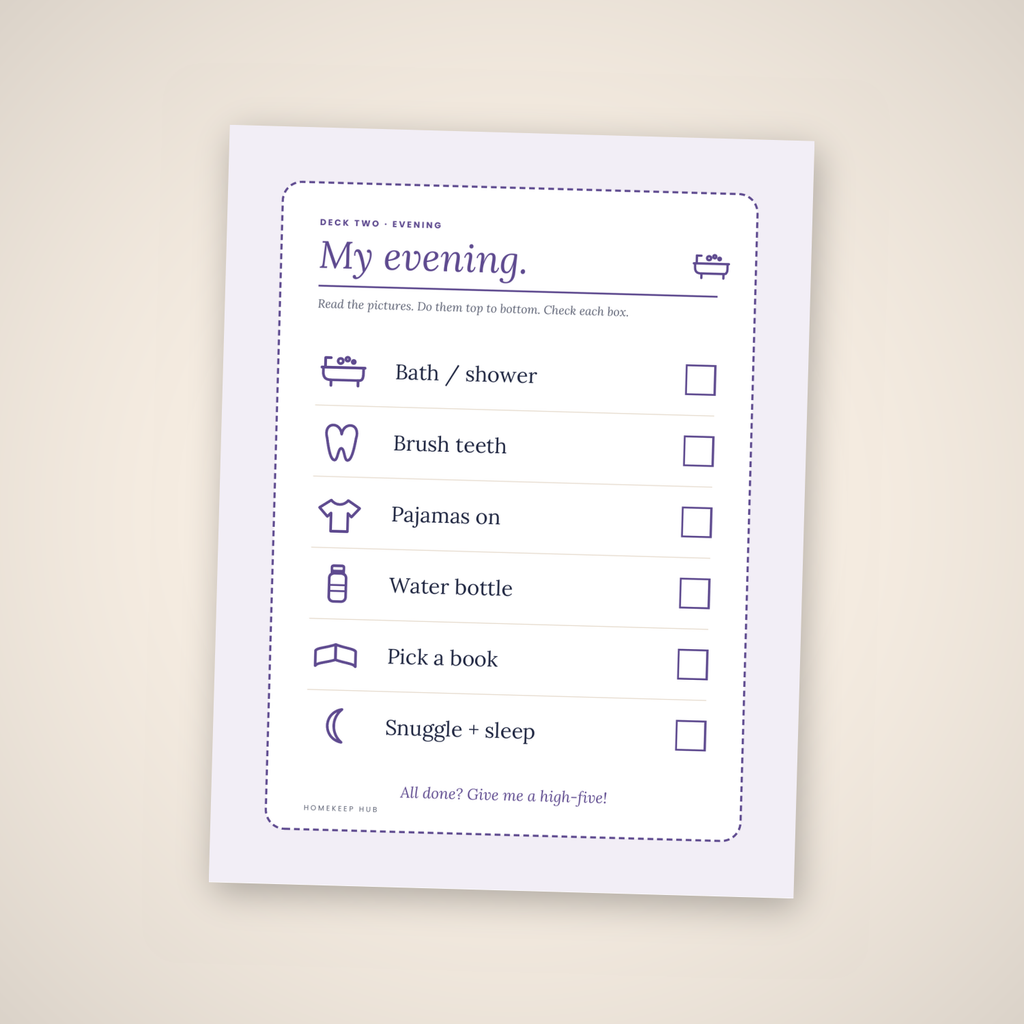 My evening routine chart — printable PDF page with bath, teeth, pyjamas and bedtime steps.