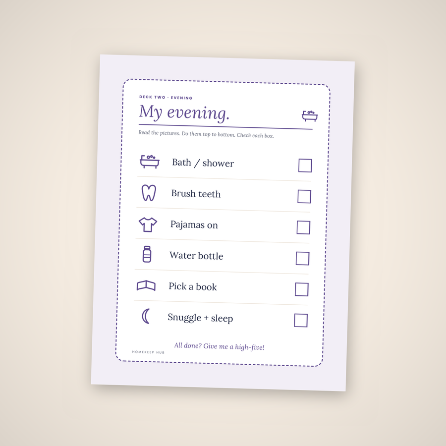 My evening routine chart — printable PDF page with bath, teeth, pyjamas and bedtime steps.
