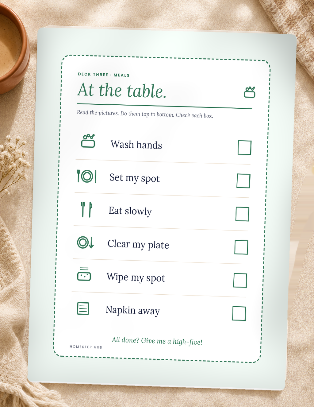 Kid Routine Cards — printable mealtime routine chart included in the bundle.