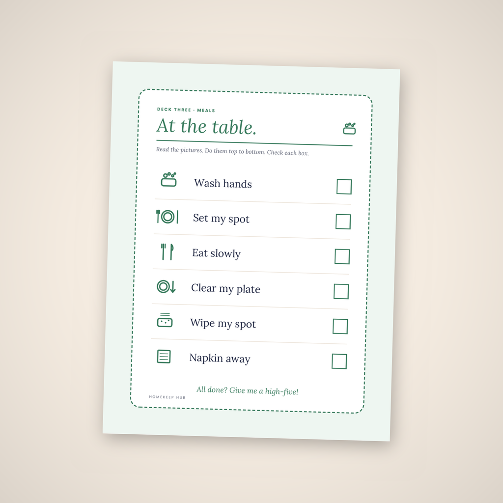 At the table mealtime routine chart — printable PDF page with wash hands, eat slowly and clear my plate.