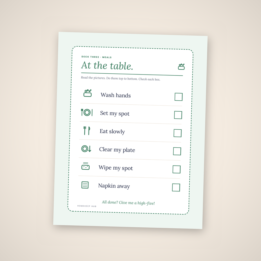 At the table mealtime routine chart — printable PDF page with wash hands, eat slowly and clear my plate.