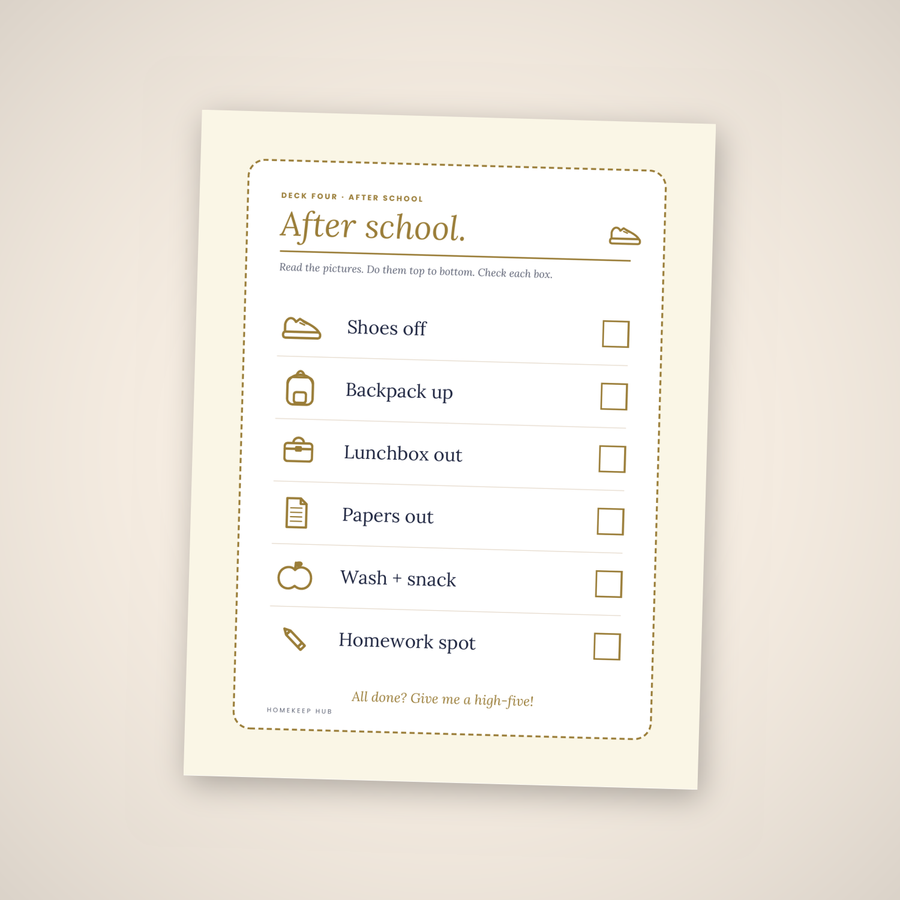 After school routine chart — printable PDF page with shoes off, backpack up, snack and homework spot.