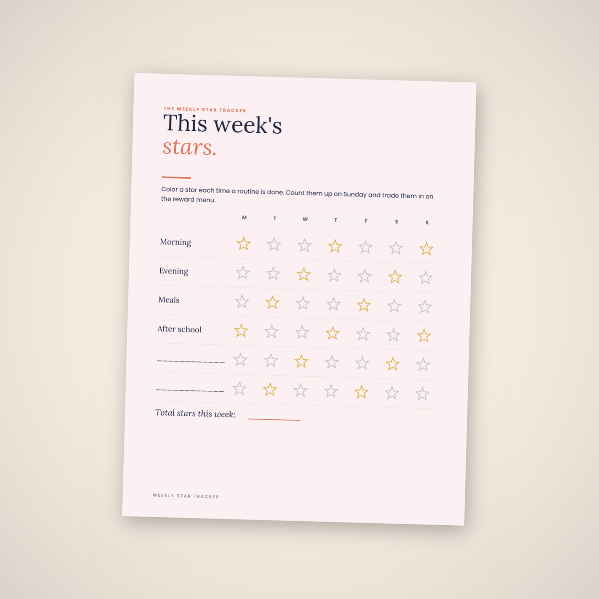 Weekly star tracker — printable PDF page for colouring in a star each time a routine is finished.