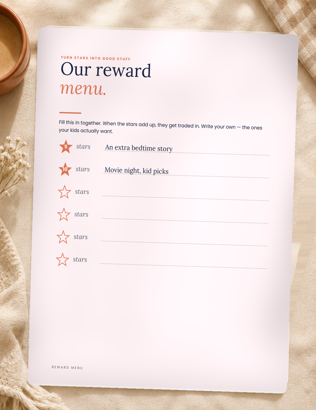 Kid Routine Cards — reward menu for trading in stars, included in the bundle.