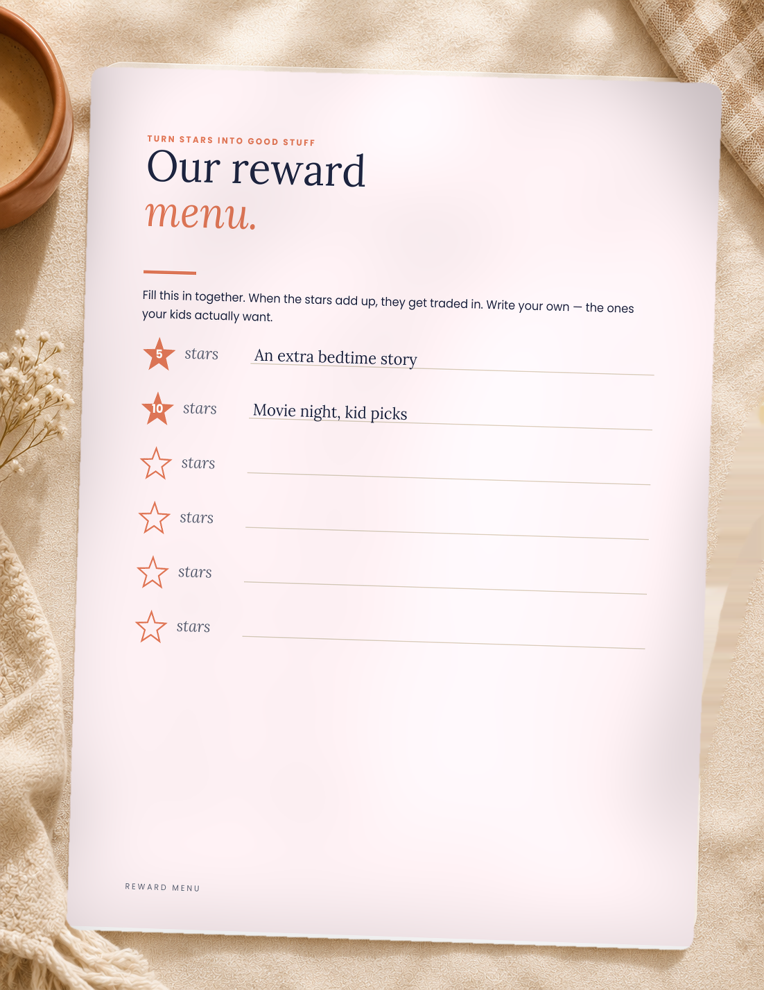 Kid Routine Cards — reward menu for trading in stars, included in the bundle.
