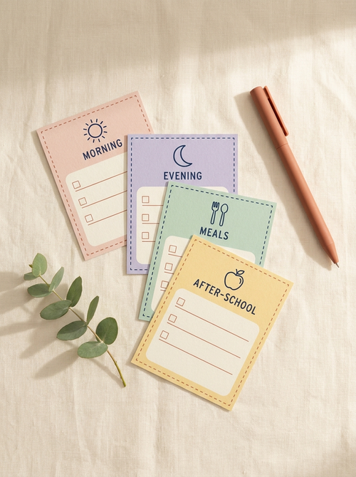 Kid Routine Cards — 24 printable cards across Morning, Evening, Meals and After-School decks, on cream linen