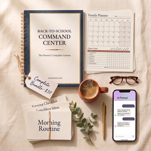 Back-to-School Command Center — complete bundle flat-lay: workbook, printable Fridge Command Center planners, card decks, coffee and the AI Prompt Pack on a phone