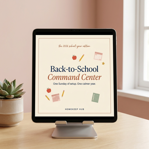 The Back-to-School Workbook cover shown on a tablet — 32-page printable and fillable PDF planner.
