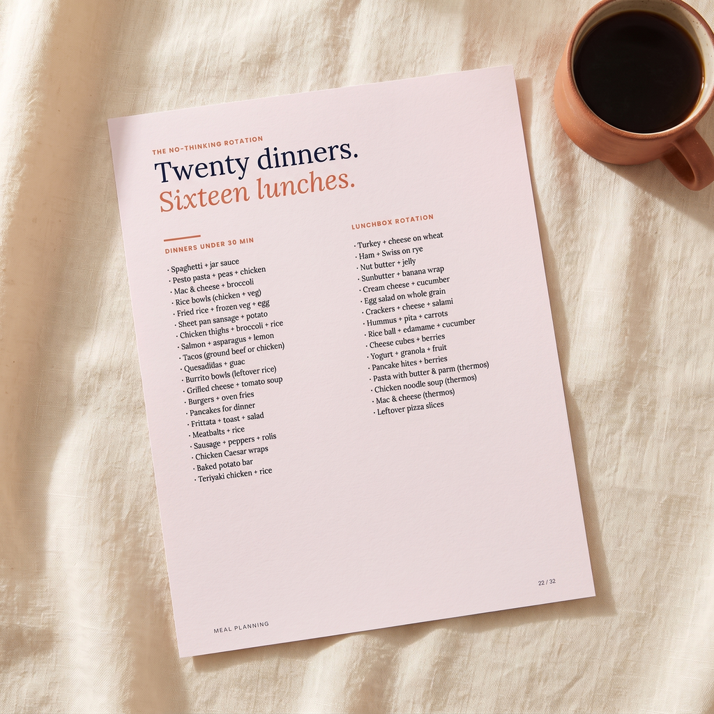 Twenty dinners and sixteen lunches rotation page from the workbook — printable PDF.