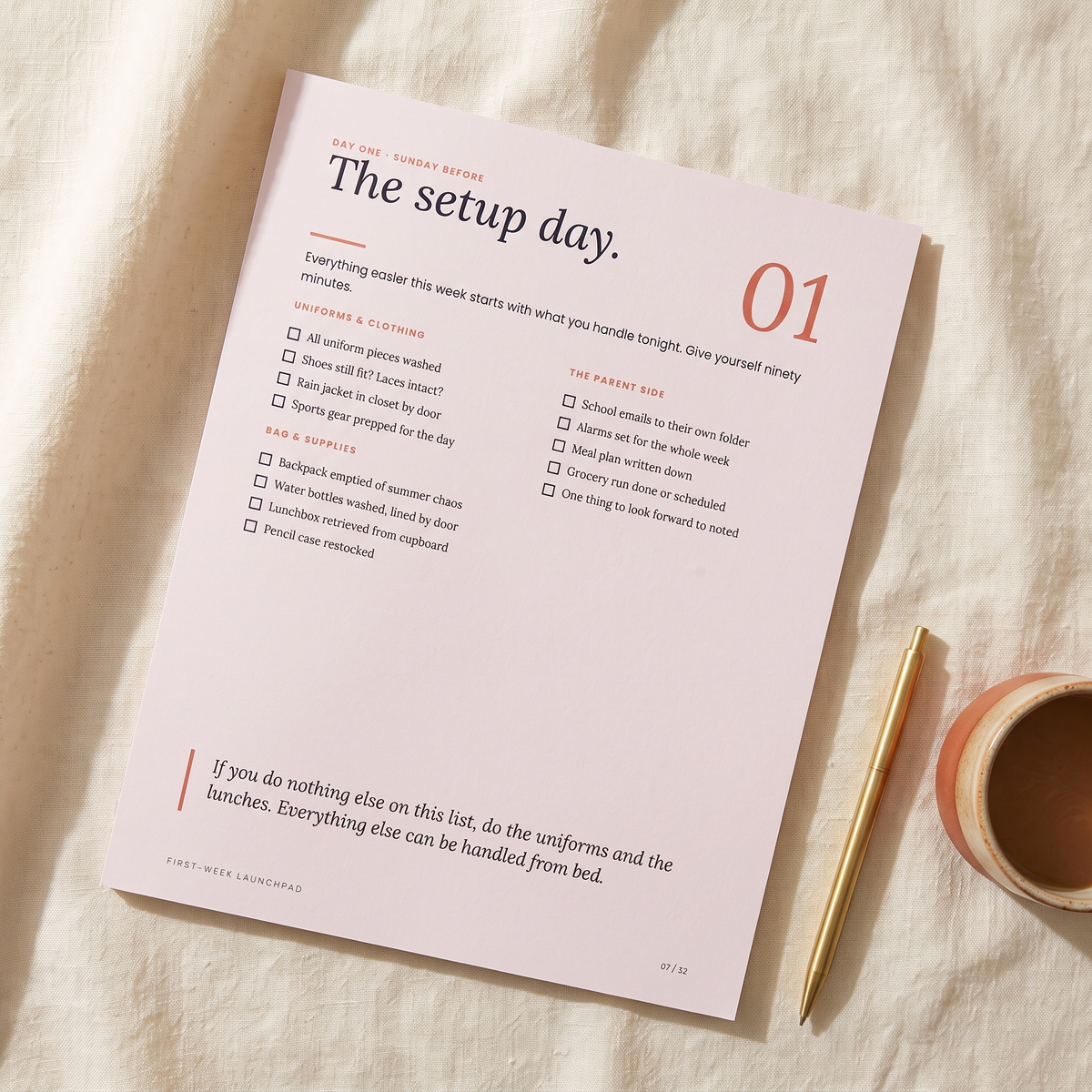 First-Week Launchpad — The setup day checklist page from the workbook, printable PDF.