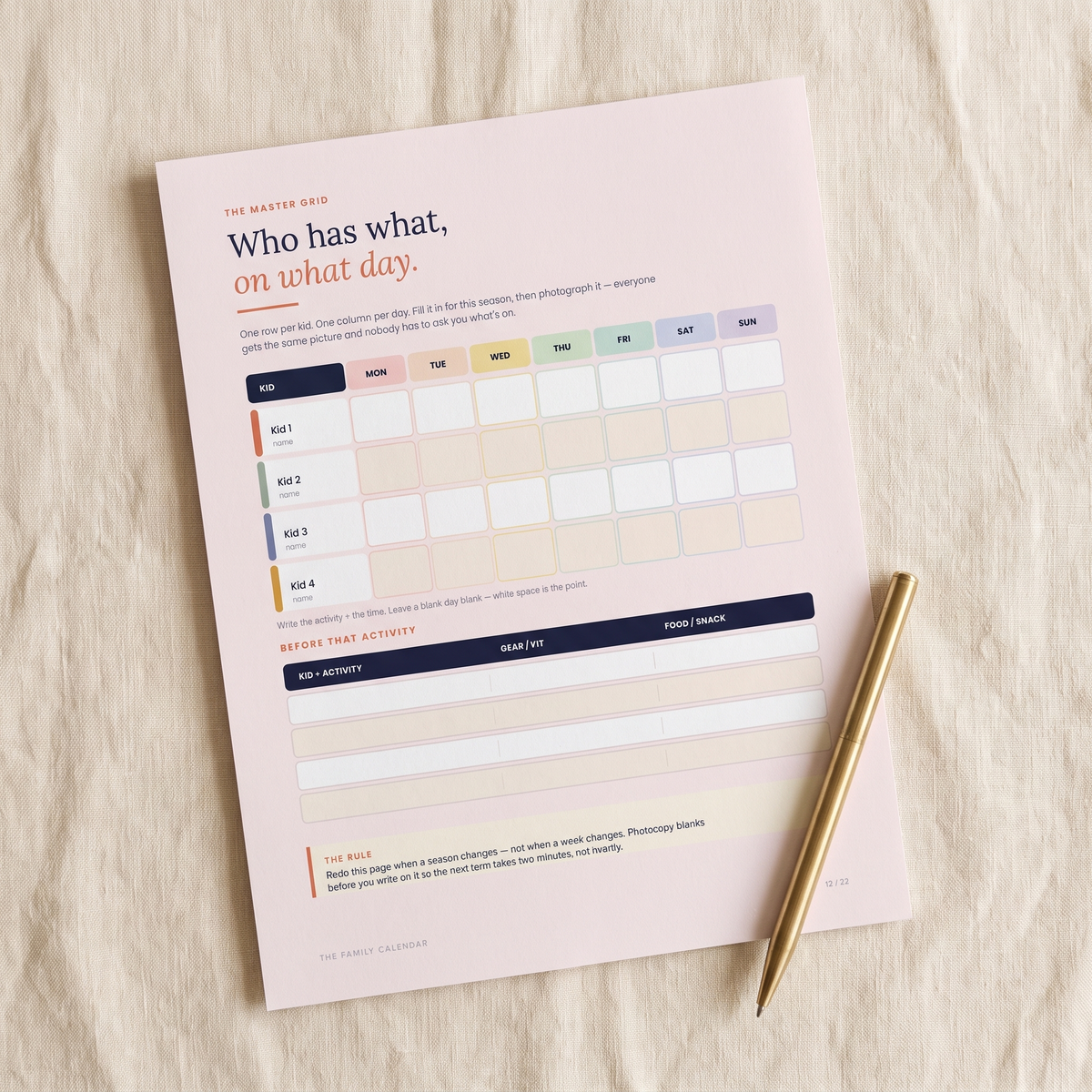 The Family Calendar master grid — who has what on what day, printable PDF page from the workbook.