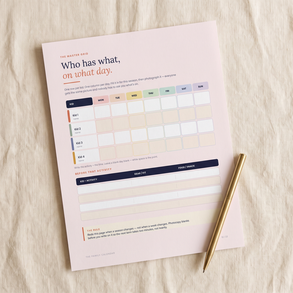 The Family Calendar master grid — who has what on what day, on one page.